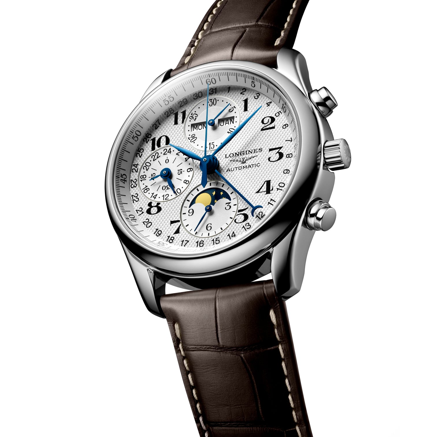 Men's Watch with Moon Phase Chronograph Featuring 12 Hour Timer, Subdial, and Day and Month Display